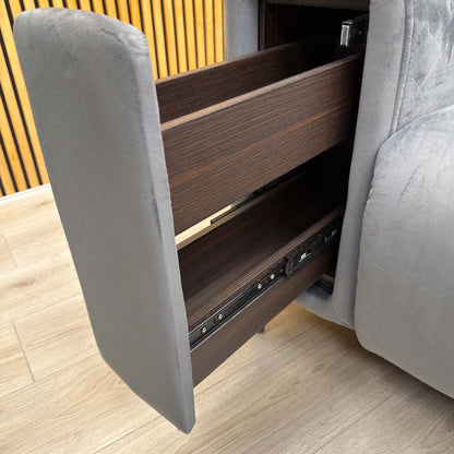Open storage arm drawer on the Elphaba granite grey velvet sofa, side view showing the wooden runners