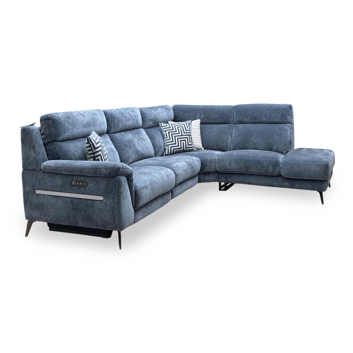 Eclipse silverish blue fabric corner sofa, angled view from the left showing the power recline controls on the arm