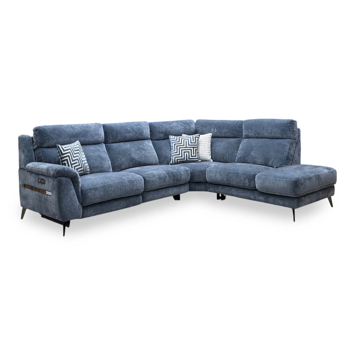 Eclipse silverish blue fabric power recliner corner sofa, angled view from the right showing the chaise end