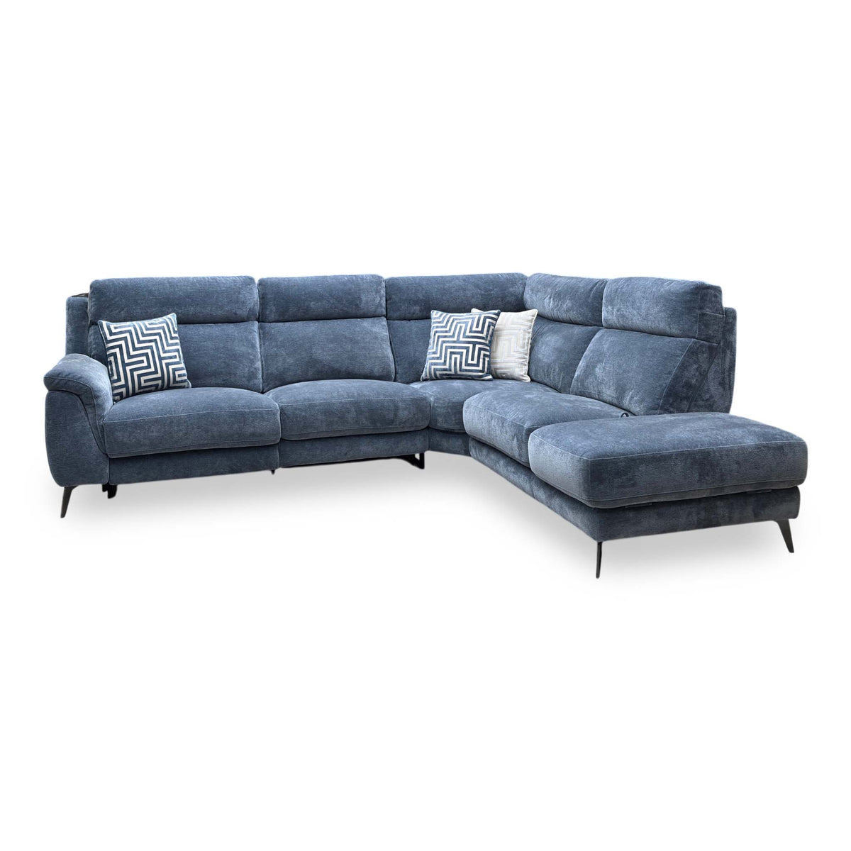 Front view of the Eclipse silverish blue fabric power recliner corner sofa with the chaise end on the right