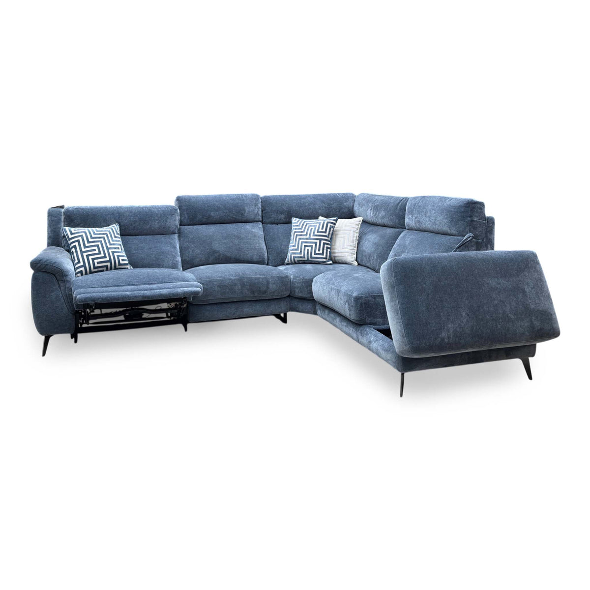 Eclipse silverish blue fabric right hand facing power recliner corner sofa, angled view with one seat reclined