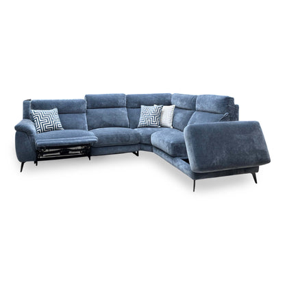 Eclipse silverish blue fabric right hand facing power recliner corner sofa, angled view with one seat reclined