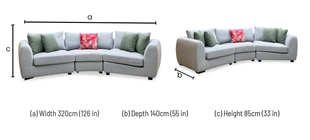 'Spencer' Light Grey Fabric Curved 4 Seater Sofa