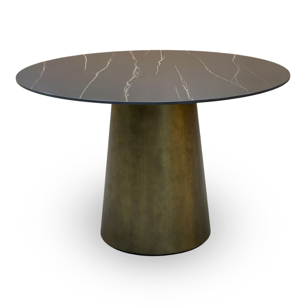 Osiris 120cm round dining table seen from slightly above showing the gold veining across the black top