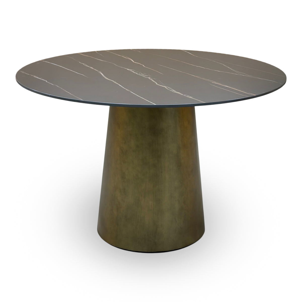 Osiris golden black sintered stone round table, straight-on view of the top edge and bronze pedestal