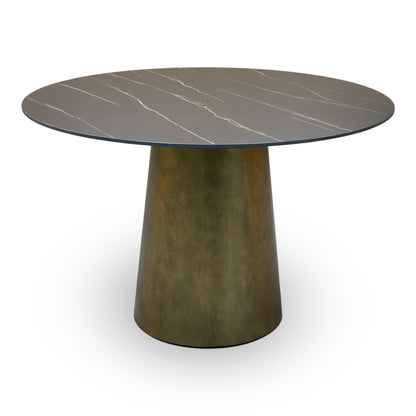 Osiris golden black sintered stone round table, straight-on view of the top edge and bronze pedestal