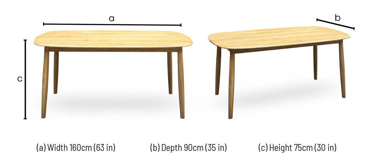 Stockholm light oak dining table dimensions: width 160cm, depth 90cm, height 75cm