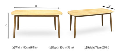 Stockholm light oak dining table dimensions: width 160cm, depth 90cm, height 75cm