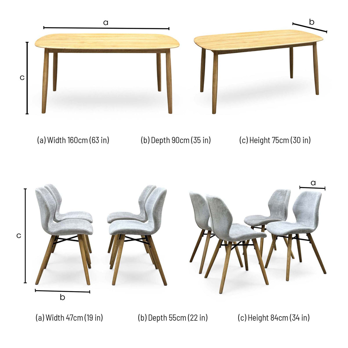 'Stockholm' Light Oak Solid Oak 160cm Dining Table with Light Grey Upholstered Chairs Set of 4