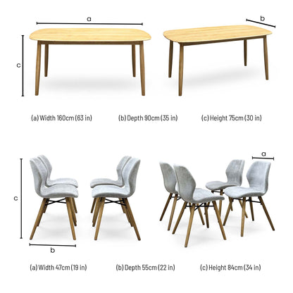 'Stockholm' Light Oak Solid Oak 160cm Dining Table with Light Grey Upholstered Chairs Set of 4