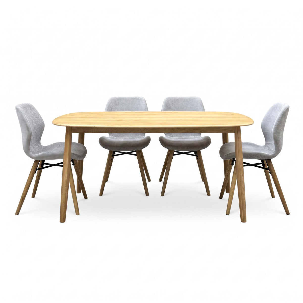 'Stockholm' Light Oak Solid Oak 160cm Dining Table with Light Grey Upholstered Chairs Set of 4