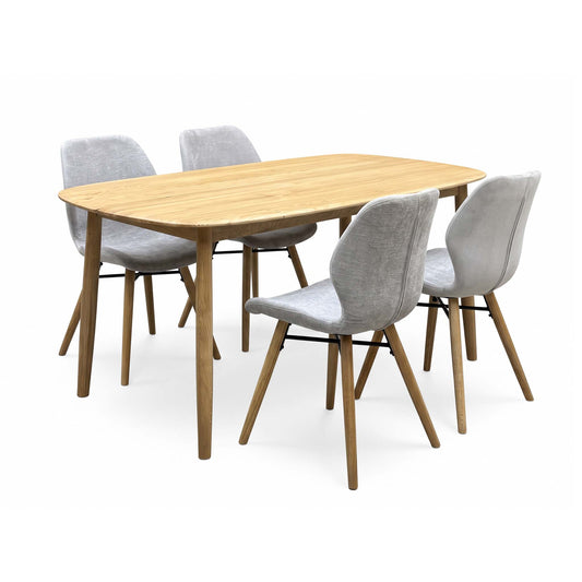 'Stockholm' Light Oak Solid Oak 160cm Dining Table with Light Grey Upholstered Chairs Set of 4