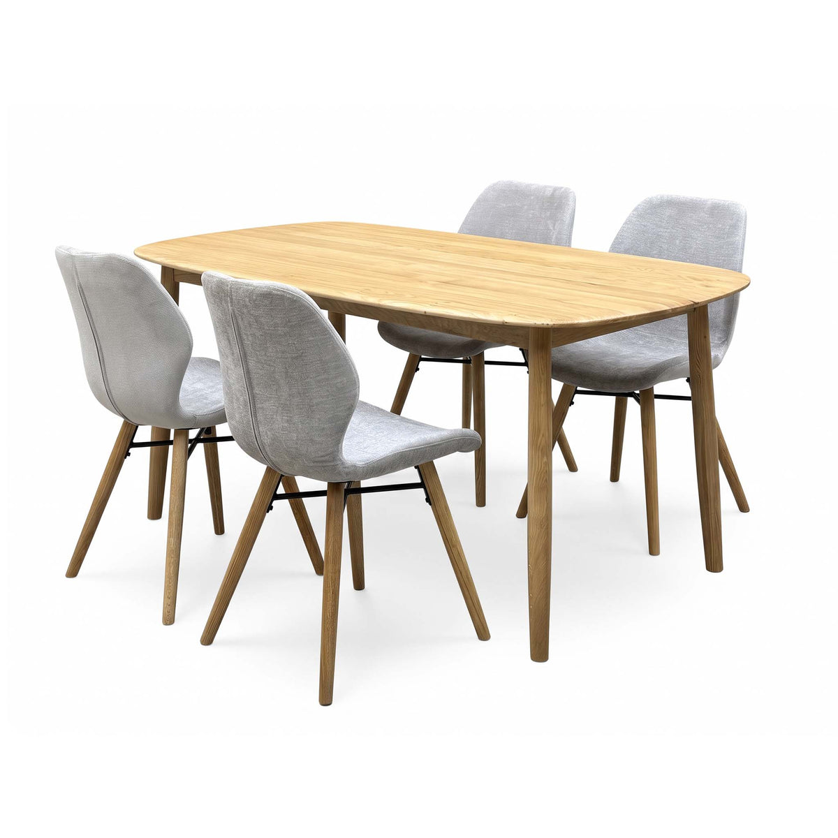 'Stockholm' Light Oak Solid Oak 160cm Dining Table with Light Grey Upholstered Chairs Set of 4