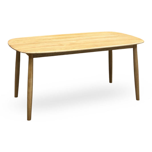 Stockholm light oak solid oak 160cm dining table with rounded corners and tapered legs, angled view