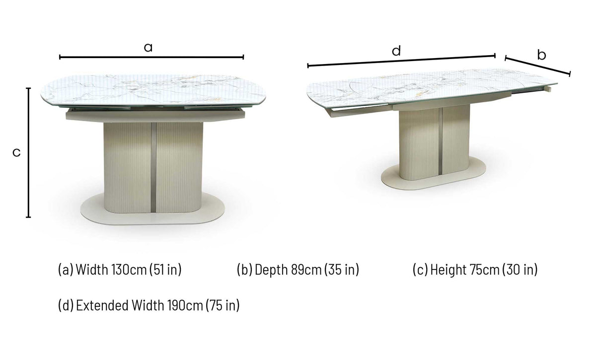 Avorio ceramic top extending dining table dimensions: width 130cm, depth 89cm, height 75cm, extended 190cm