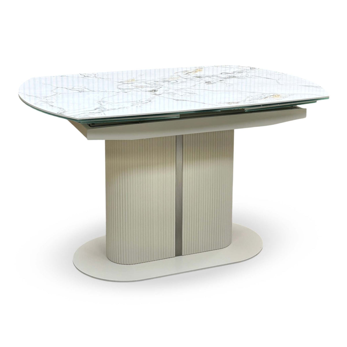 Avorio ceramic top swivel extending dining table closed, angled view from the right
