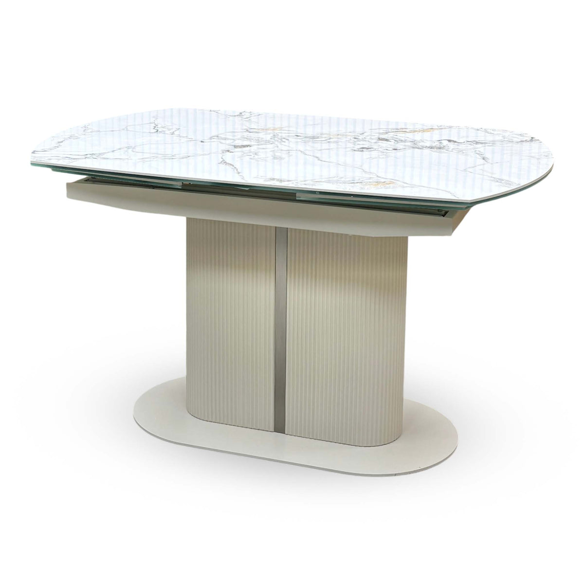 Avorio ceramic top swivel extending dining table closed, angled view from the left