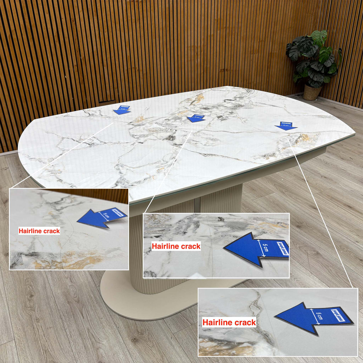 Avorio ceramic dining table top with three hairline cracks marked by blue arrows and inset close-ups