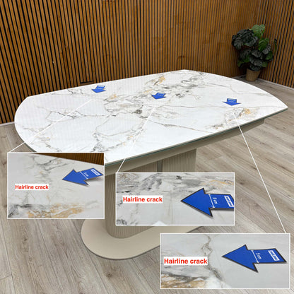 Avorio ceramic dining table top with three hairline cracks marked by blue arrows and inset close-ups