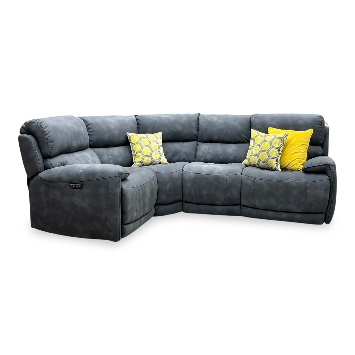 Front view of the Link charcoal grey left hand facing power recliner sofa with the left seat reclined