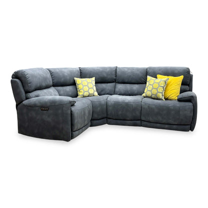 Front view of the Link charcoal grey left hand facing power recliner sofa with the left seat reclined