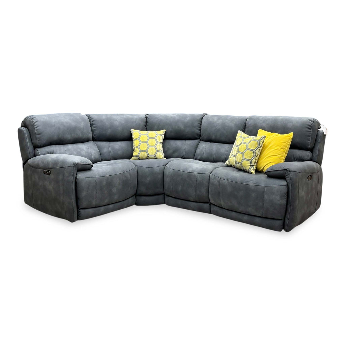 Front view of the Link charcoal grey suede fabric power recliner sofa with all seats upright and yellow cushions