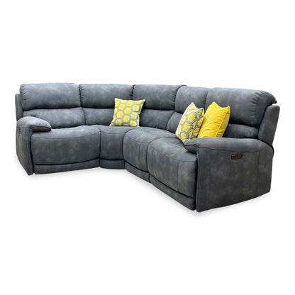 Link charcoal grey suede fabric power recliner sofa with all seats upright, angled from the right