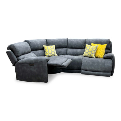 Link charcoal grey suede fabric left hand facing power recliner sofa with one footrest raised, yellow cushions