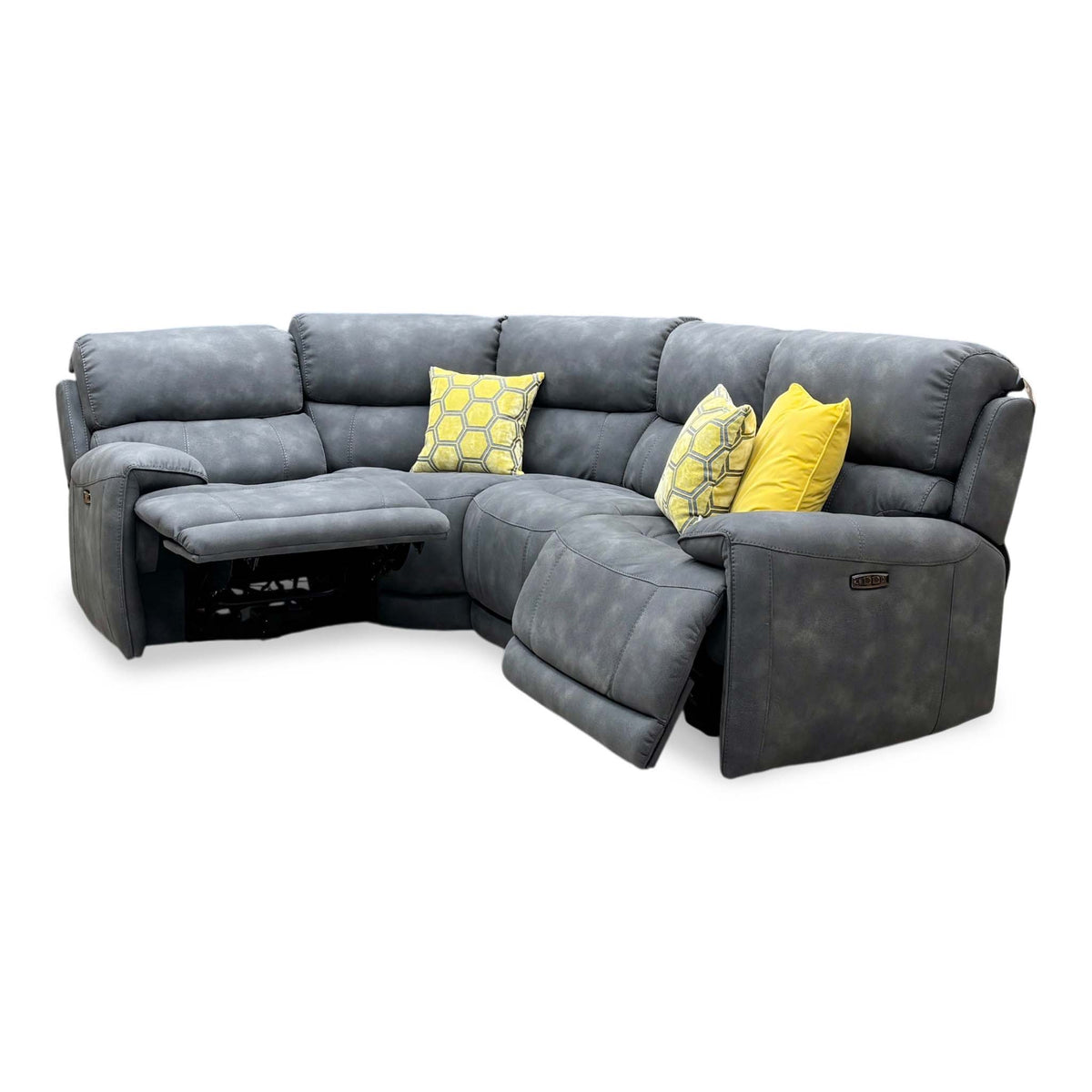 Link charcoal grey suede fabric power recliner sofa with both end seats reclined and footrests raised