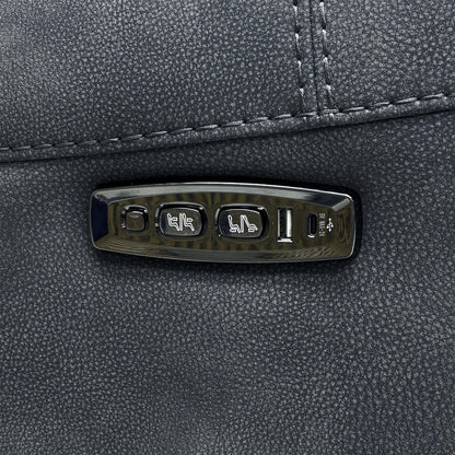 Close-up of the power recline and headrest control panel with USB ports on the Link charcoal grey sofa