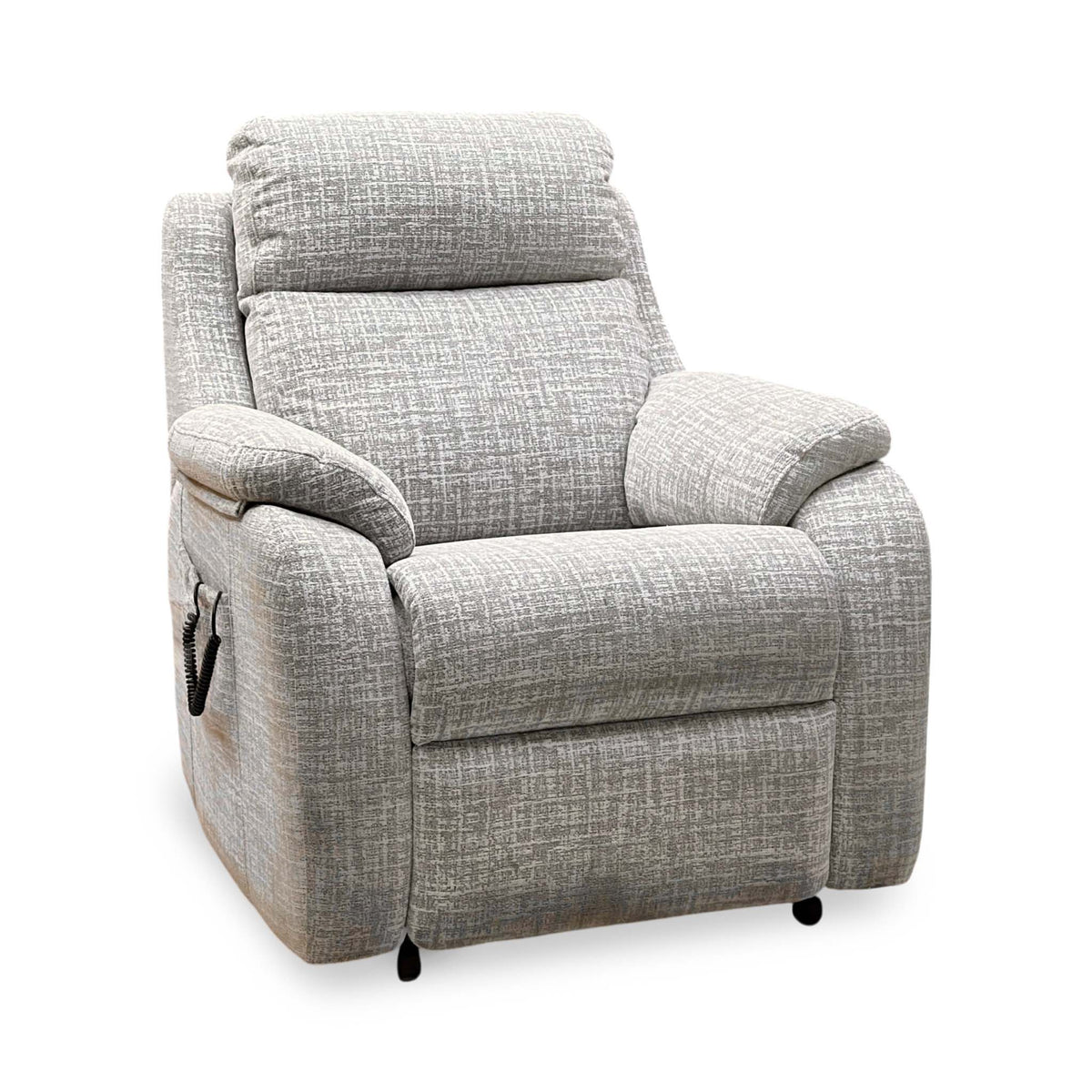 G Plan Kingsbury oatmeal fabric large lift and rise recliner chair, angled view with the handset on the left arm