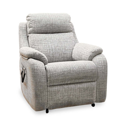 G Plan Kingsbury oatmeal fabric large lift and rise recliner chair, angled view with the handset on the left arm