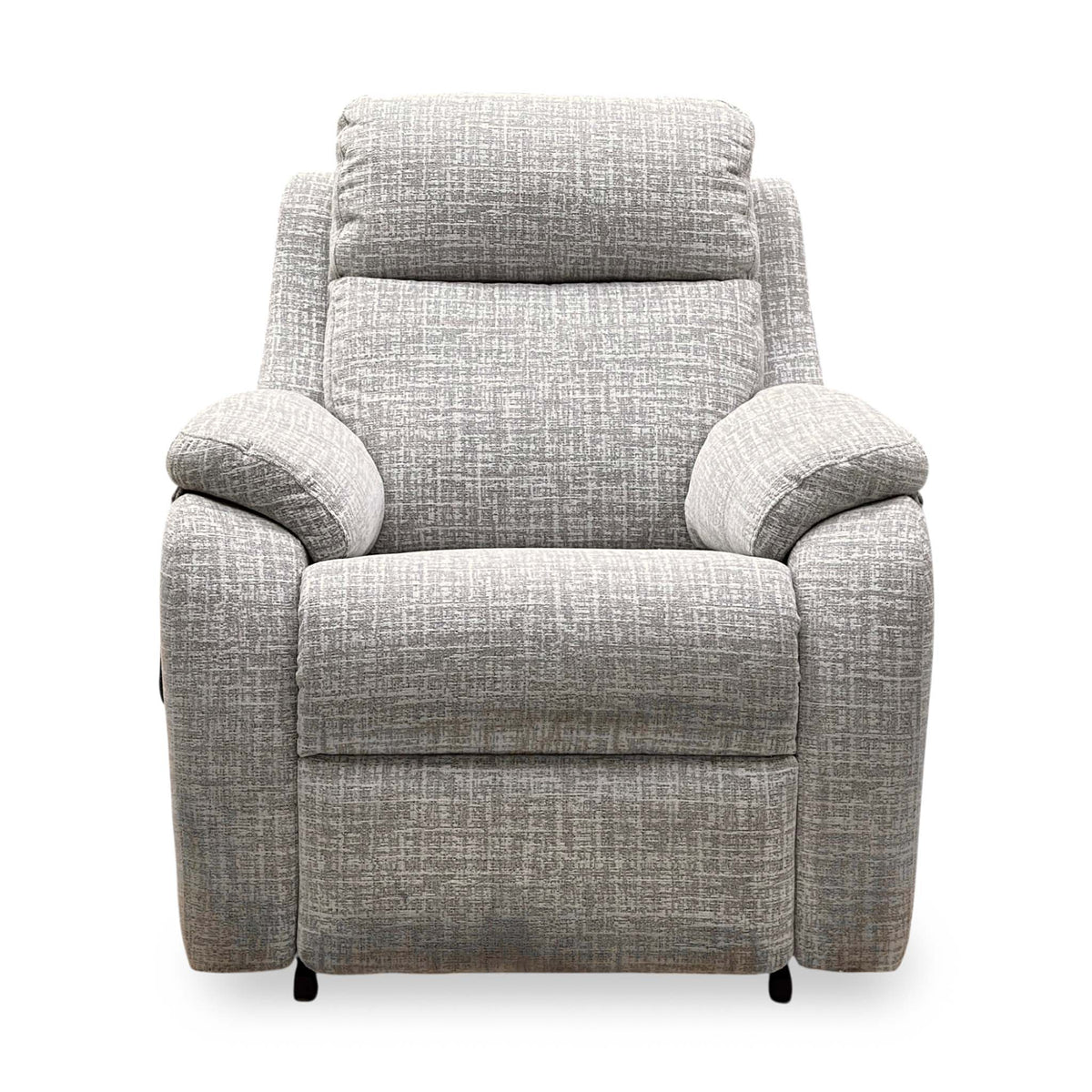 Front view of the G Plan Kingsbury oatmeal fabric large lift and rise recliner chair with a padded headrest