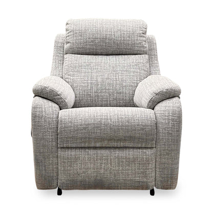 Front view of the G Plan Kingsbury oatmeal fabric large lift and rise recliner chair with a padded headrest
