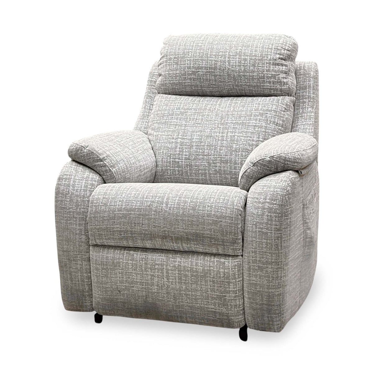 G Plan Kingsbury oatmeal fabric large recliner chair, angled view from the right showing the padded arm