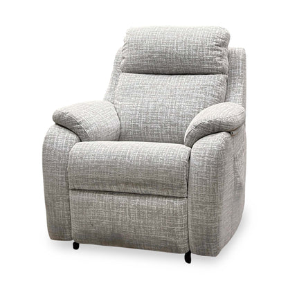 G Plan Kingsbury oatmeal fabric large recliner chair, angled view from the right showing the padded arm