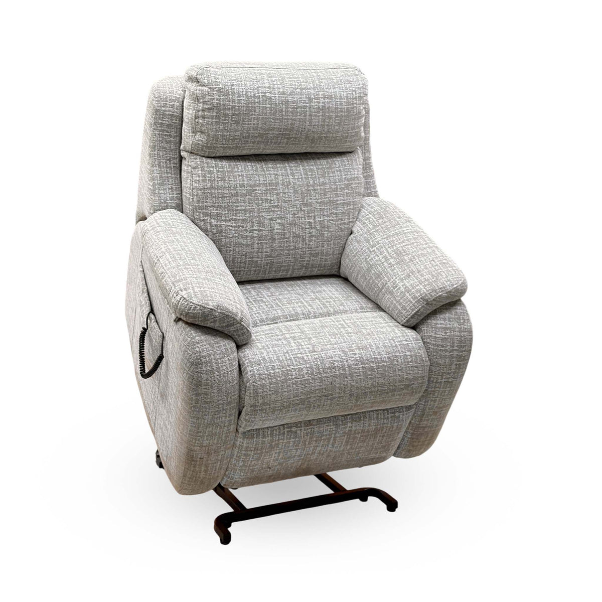 G Plan Kingsbury oatmeal fabric lift and rise chair raised to the lift position, angled from the handset side