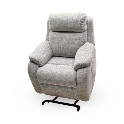 G Plan Kingsbury oatmeal fabric lift and rise chair in the raised lift position with the base frame visible