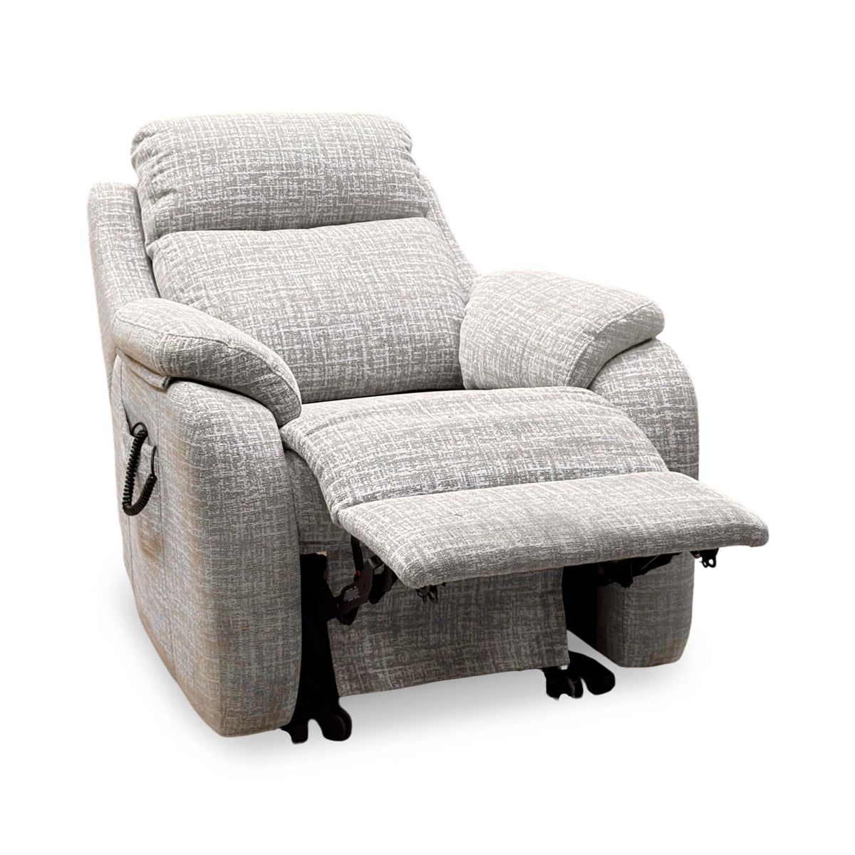 G Plan Kingsbury oatmeal fabric recliner chair reclined with footrest raised, angled from the handset side