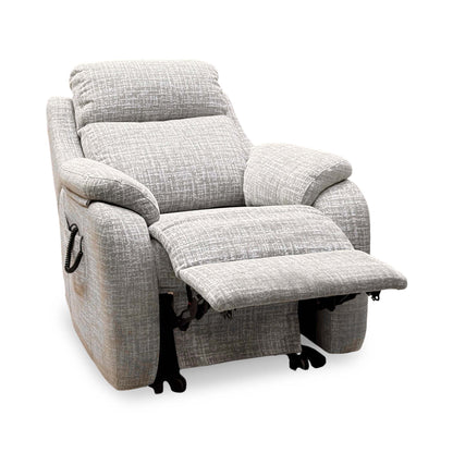 G Plan Kingsbury oatmeal fabric recliner chair reclined with footrest raised, angled from the handset side