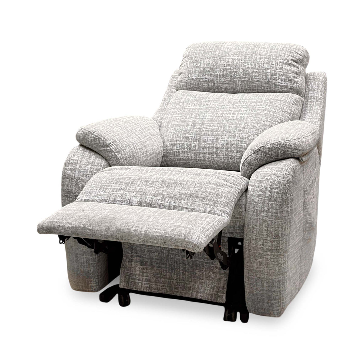 G Plan Kingsbury oatmeal fabric lift and rise recliner chair in the reclined position with the footrest raised
