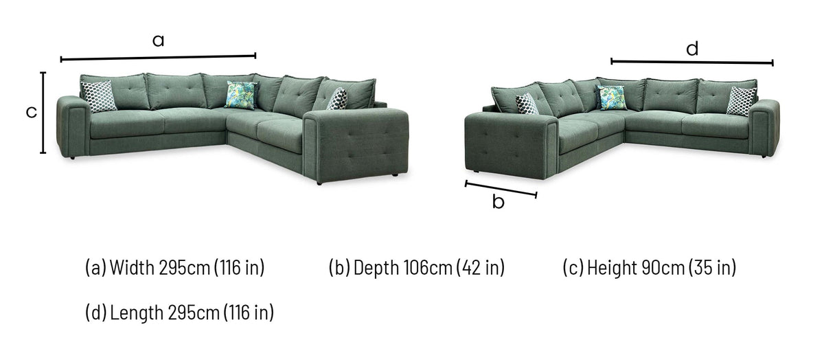 Goliath moss green corner sofa dimensions: width 295cm, depth 106cm, height 90cm, length 295cm