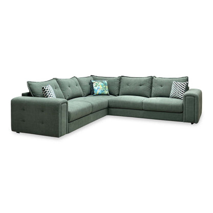 Goliath moss green fabric large corner sofa, angled view from the left showing the buttoned arm panels