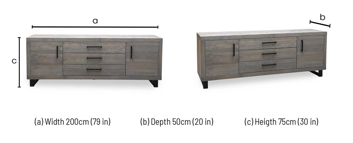 Bodahl 'Terra' 8 Vintage Grey Solid Oak Large 2 Door 3 Drawer Sideboard
