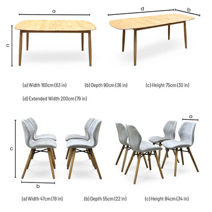 'Stockholm' Light Oak Solid Oak 160cm Extending Dining Table with Light Grey Set of 4 Dining Chairs