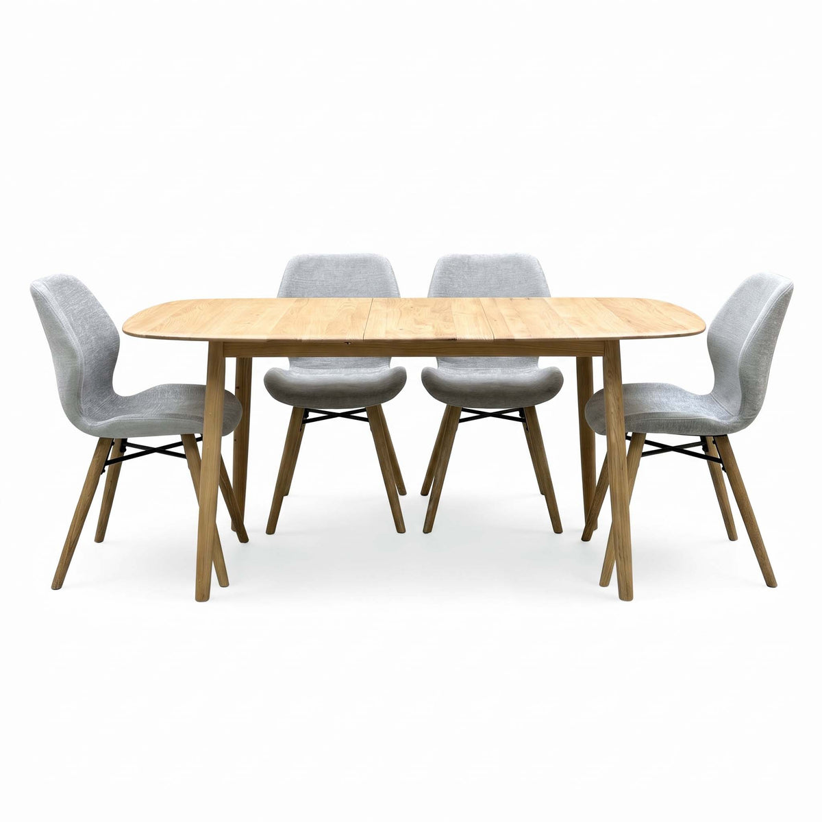 'Stockholm' Light Oak Solid Oak 160cm Extending Dining Table with Light Grey Set of 4 Dining Chairs