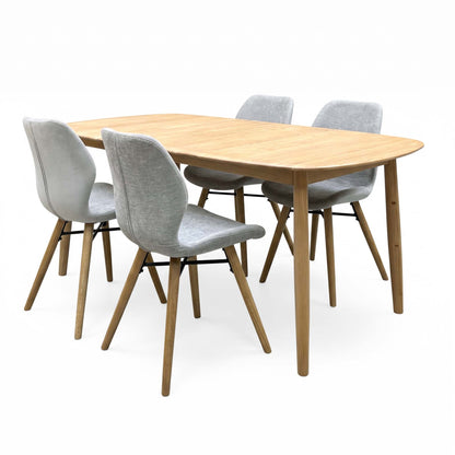 'Stockholm' Light Oak Solid Oak 160cm Extending Dining Table with Light Grey Set of 4 Dining Chairs
