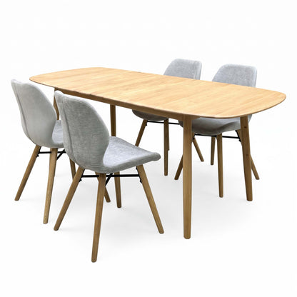 'Stockholm' Light Oak Solid Oak 160cm Extending Dining Table with Light Grey Set of 4 Dining Chairs