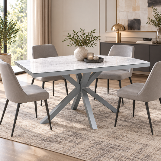 Fumo high gloss grey dining table with a white ceramic top and grey spider legs in a room scene with four grey chairs