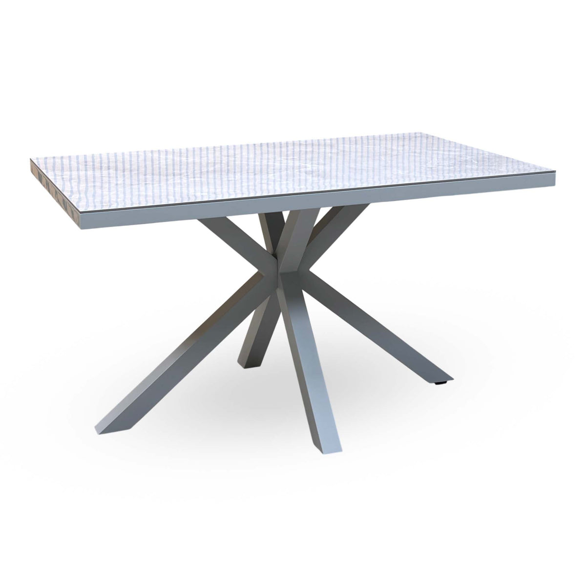 Fumo high gloss grey dining table with marble-effect top and star-shaped grey metal base, angled view